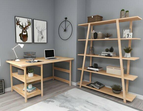 Hellbraune Arbeitszimmer Garnitur Designer Bürotisch Holz Bücherregal