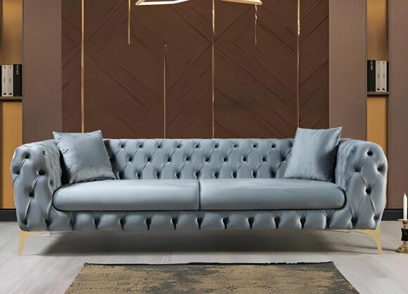 Grauer Chesterfield Dreisitzer Wohnzimmer Polster Couch Edle Stoffsofas