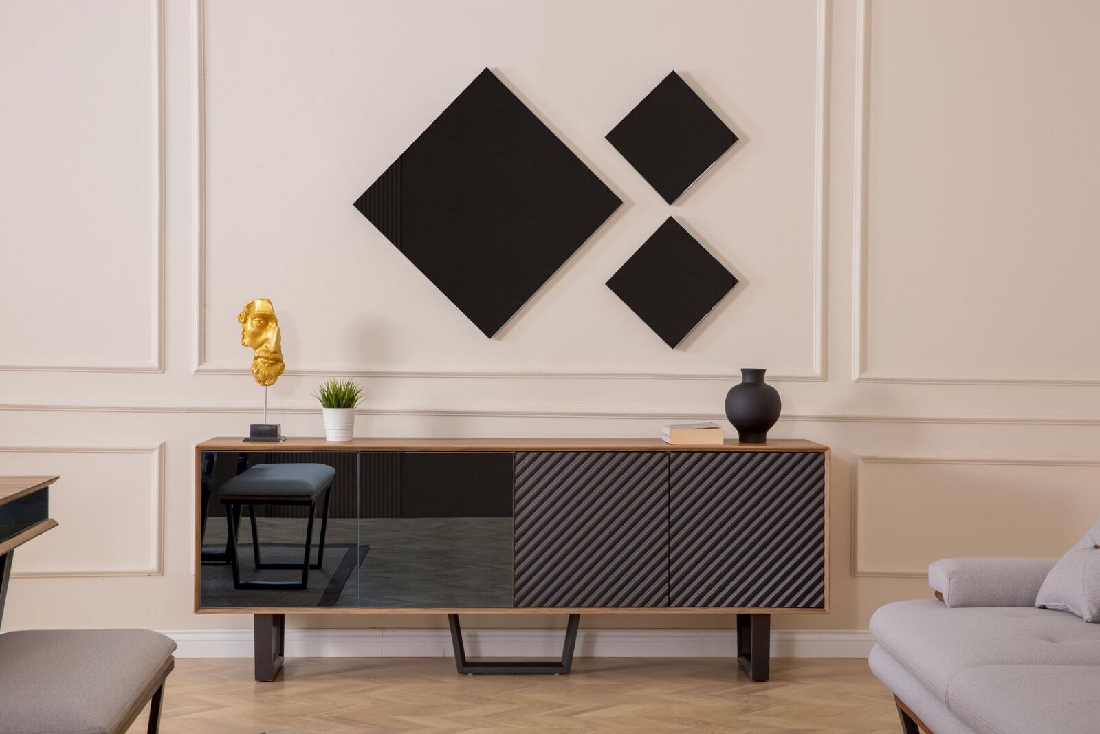 Designer Esszimmer Set 4tlg Sideboard mit 3x Spiegel Modern Stil neu