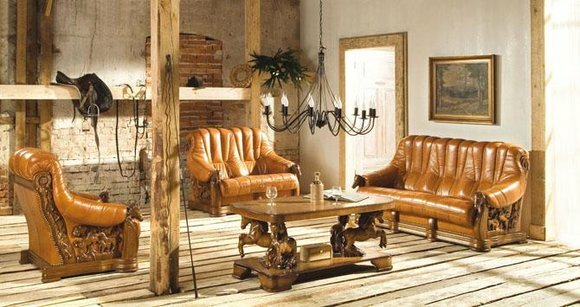 Klassische Sofagarnitur Couch Polster Sitz Sofa Leder Holz 3+2+2 Set Garnitur