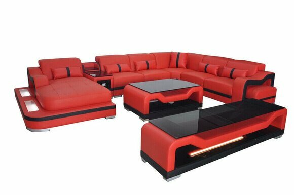 Leder Sofa Couch Ecksofa Eckgarnitur Wohnlandschaft + RTV + Couchtisch + USB