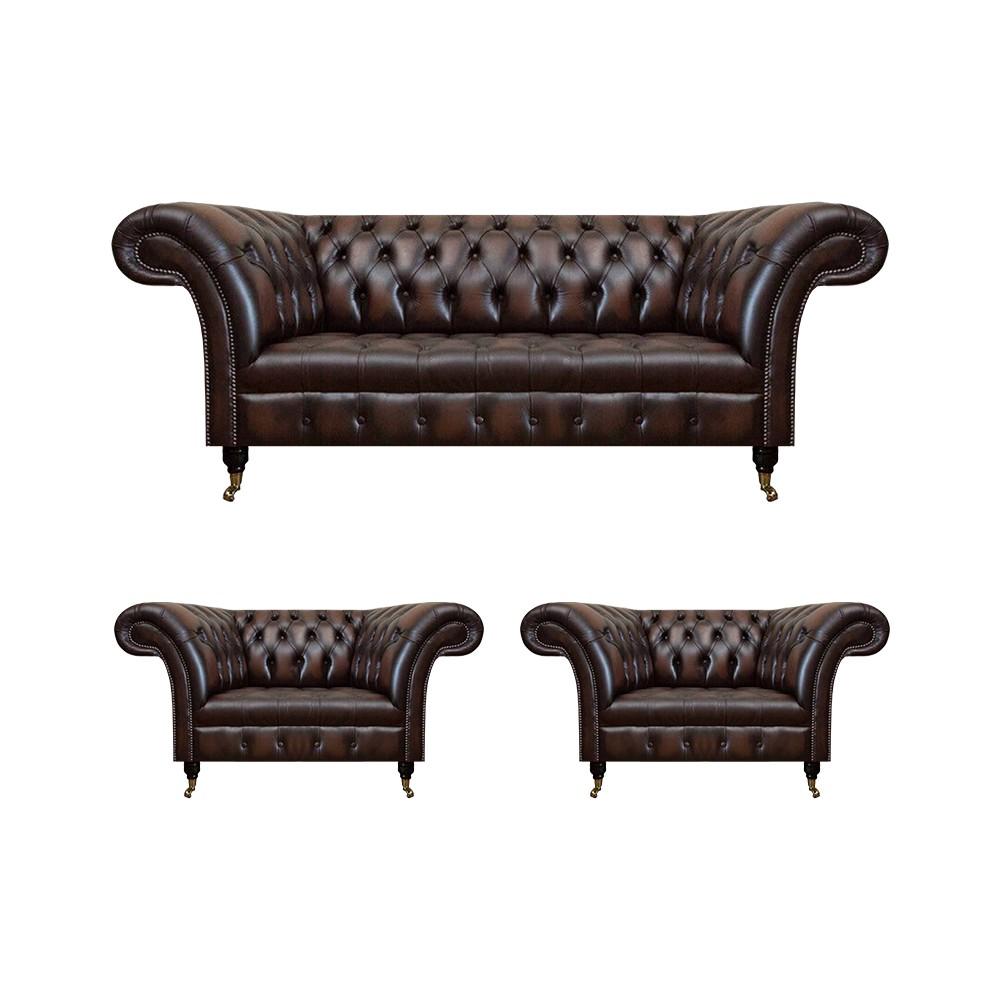 Luxus Braun Leder Sofa Set Wohnzimmer 2x Sessel Dreisitzer Couch Chesterfield