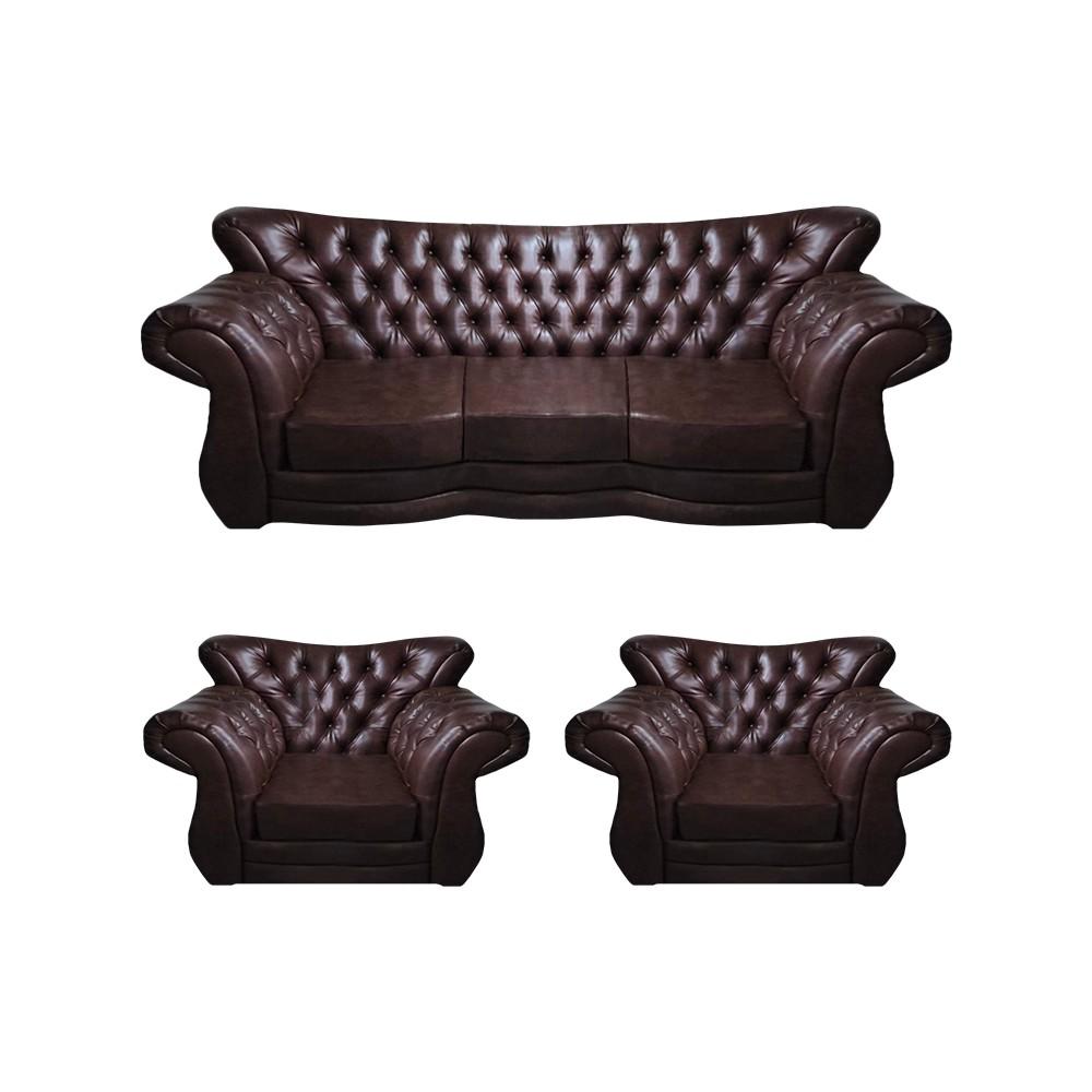 Grün Leder Sofa Set 3tlg Sitzmöbel Braun Sofagarnitur Komplett Chesterfield