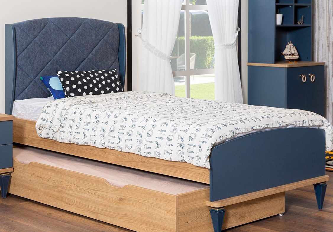 Blaues Kinderzimmer Polsterbett Designer Bettrahmen Holzgestell Möbel