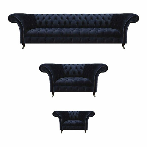 Wohnzimmer Chesterfield Couchen Dunkelblaue Polster Garnitur 3tlg Set