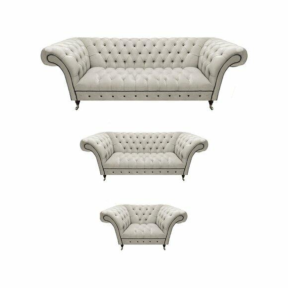 Weiße Chesterfield Ledersofas Wohnzimmer Sitzcouchen Komplettes Set 3tlg