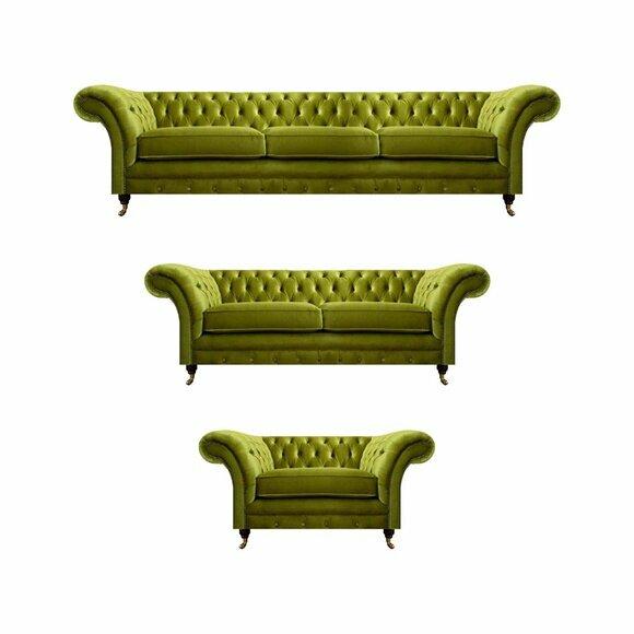 Olivengrüne Chesterfield Garnitur Wohnzimmer Sofagarnitur Luxus Set 3tlg