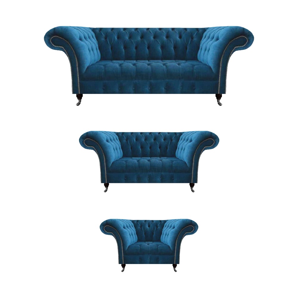 Chesterfield Blaue Polstergarnitur Wohnzimmer Sofagarnitur 3-Sitzer 3tlg