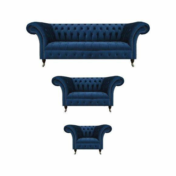 Designer Blaue Chesterfield SItzmöbel Stoffsofas Luxus Garnitur 3tlg