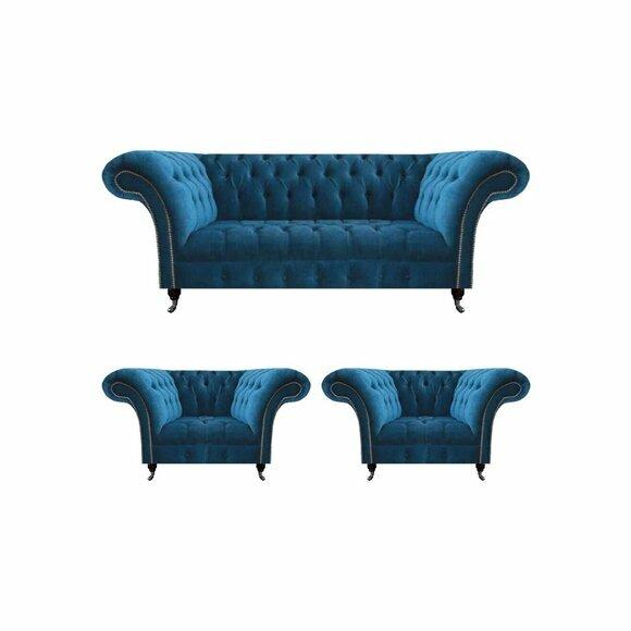 Designer Blaue Chesterfield Polstermöbel Wohnzimmer Couch 2x Sessel 3tlg