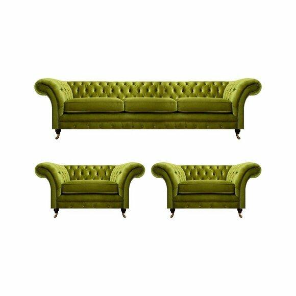 Olivengrüne Wohnzimmer Garnitur Chesterfield Polstercouch 2x Sessel 3tlg