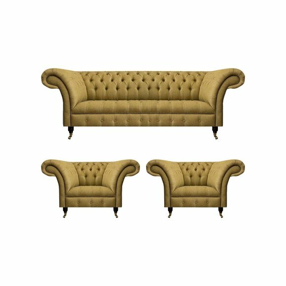 Luxus Gelbe Chesterfield Couch Designer Wohnzimmer 2x Polstersessel 3tlg