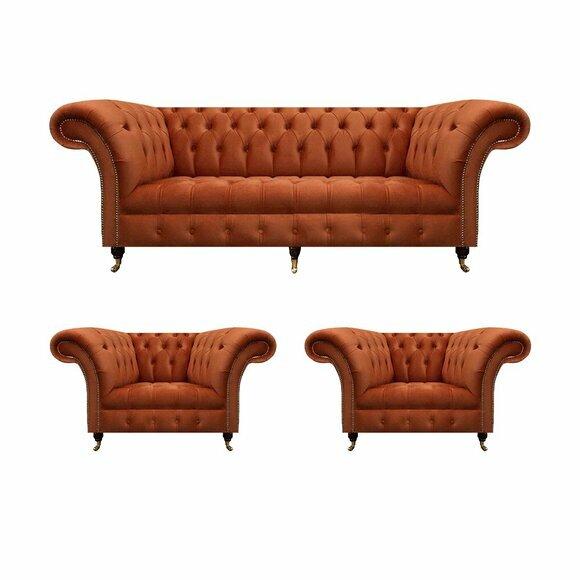 Wohnzimmer Braune Chesterfield Garnitur 2x Polstersessel 3-Sitzer 3tlg