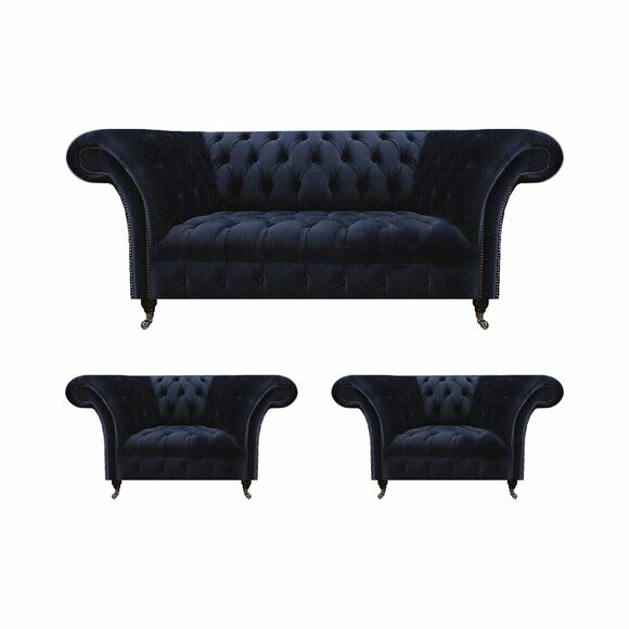 Chesterfield Dunkelblaue Sitzmöbel Wohnzimmer Polstercouchen 3tlg Set