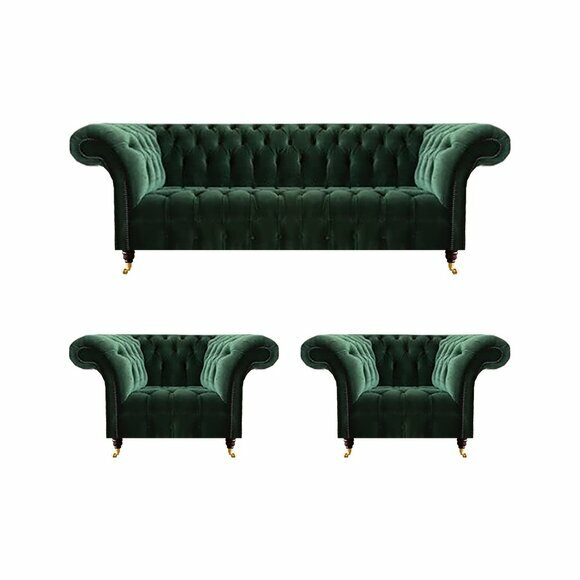 Dunkelgrüne Chesterfield Sessel Wohnzimmer Dreisitzer Luxus Couch 3tlg