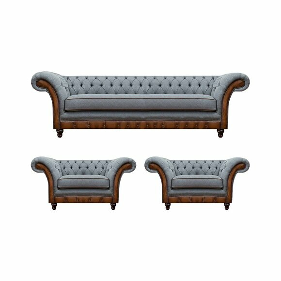 Chesterfield Grau-Braune Sofagarnitur Designer 2x Sessel Edler Dreisitzer