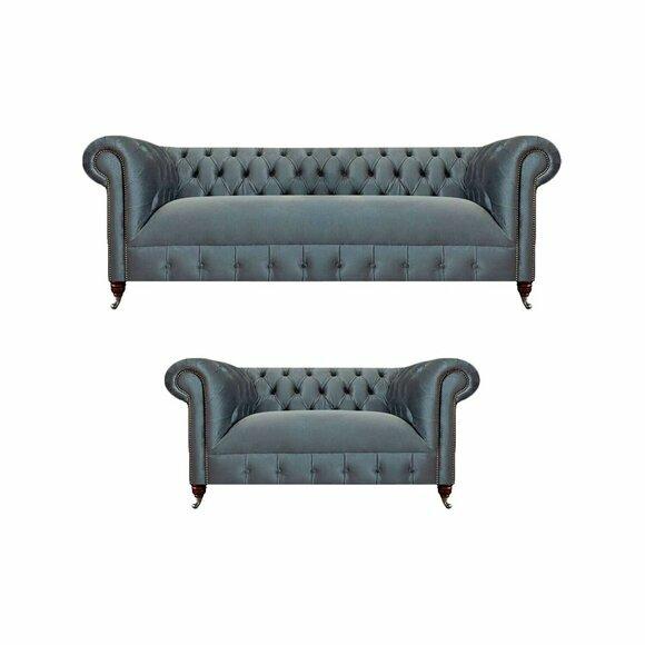 Komplette Chesterfield Hellgraue Garnitur Wohnzimmer Designer Couchen