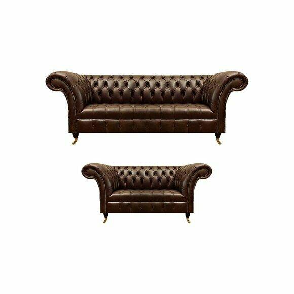 Chesterfield Braune Ledersofas Edle Wohnzimmer Couchen 2tlg Garnitur