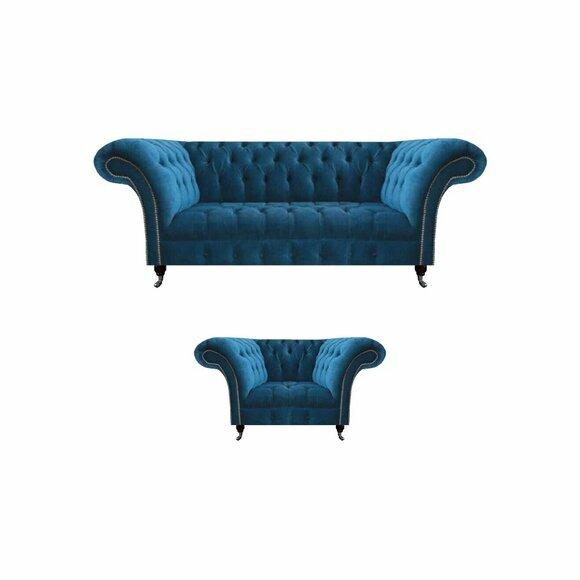 Wohnzimmer Chesterfield Blaue Sofagarnitur Stoffmöbel Polstercouchen