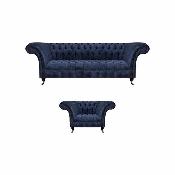 Blaue Chesterfield Stoffgarnitur Wohnzimmer Polster Sitzmöbel 2tlg Set