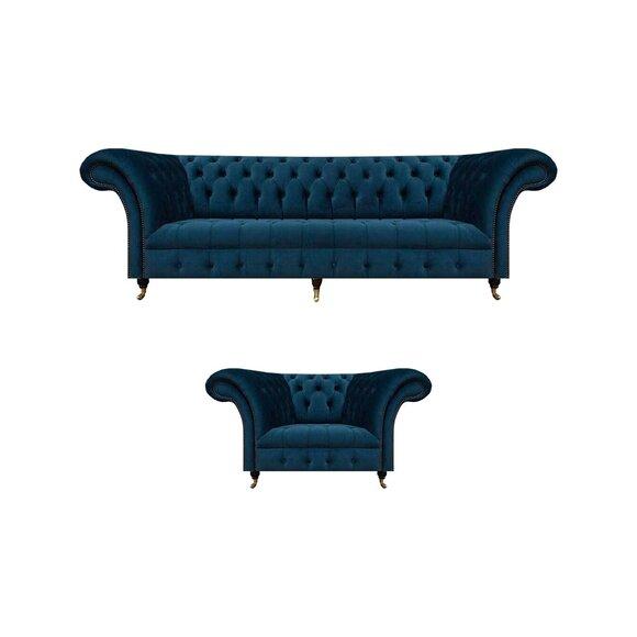 Luxus Chesterfield Blaue Stoffgarnitur Edle 3-Sitzer Couch Lehnsessel