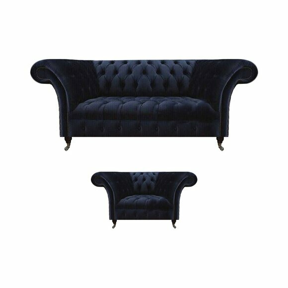 Dunkelblaue Chesterfield Wohnzimmer Garnitur Lehnsessel 3-Sitzer 2tlg