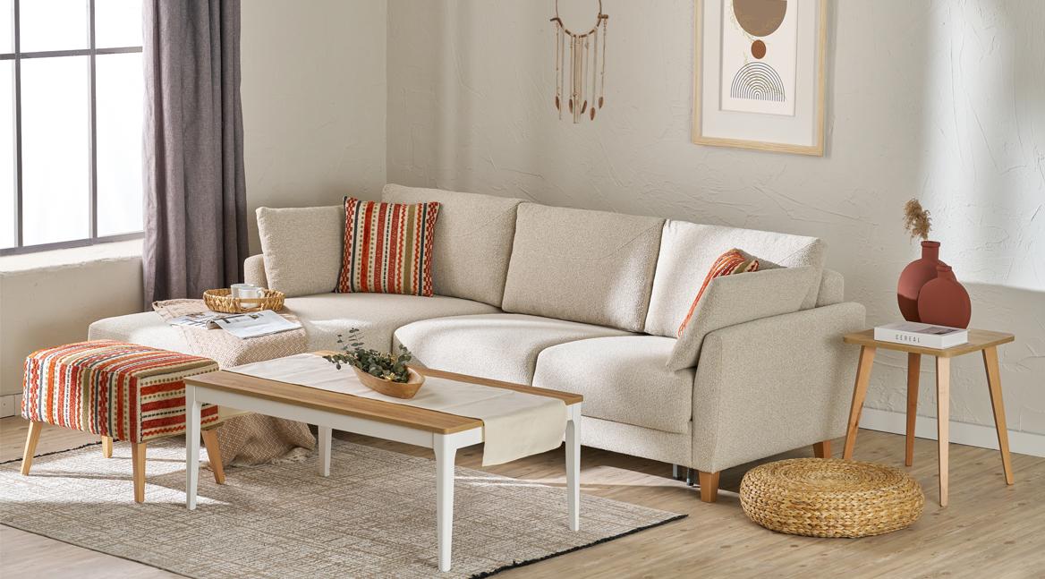 Ecksofa Sofa L-Form Couchtisch Polsterung Couch Textil Beige Wohnzimmer