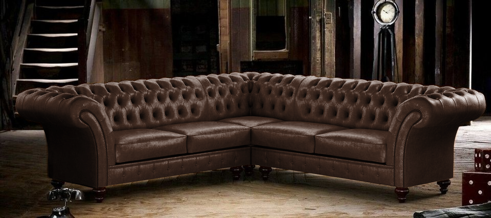 Edle Chesterfield Couch Braune Sofa Eck Couch Garnitur 100% Leder Sofort