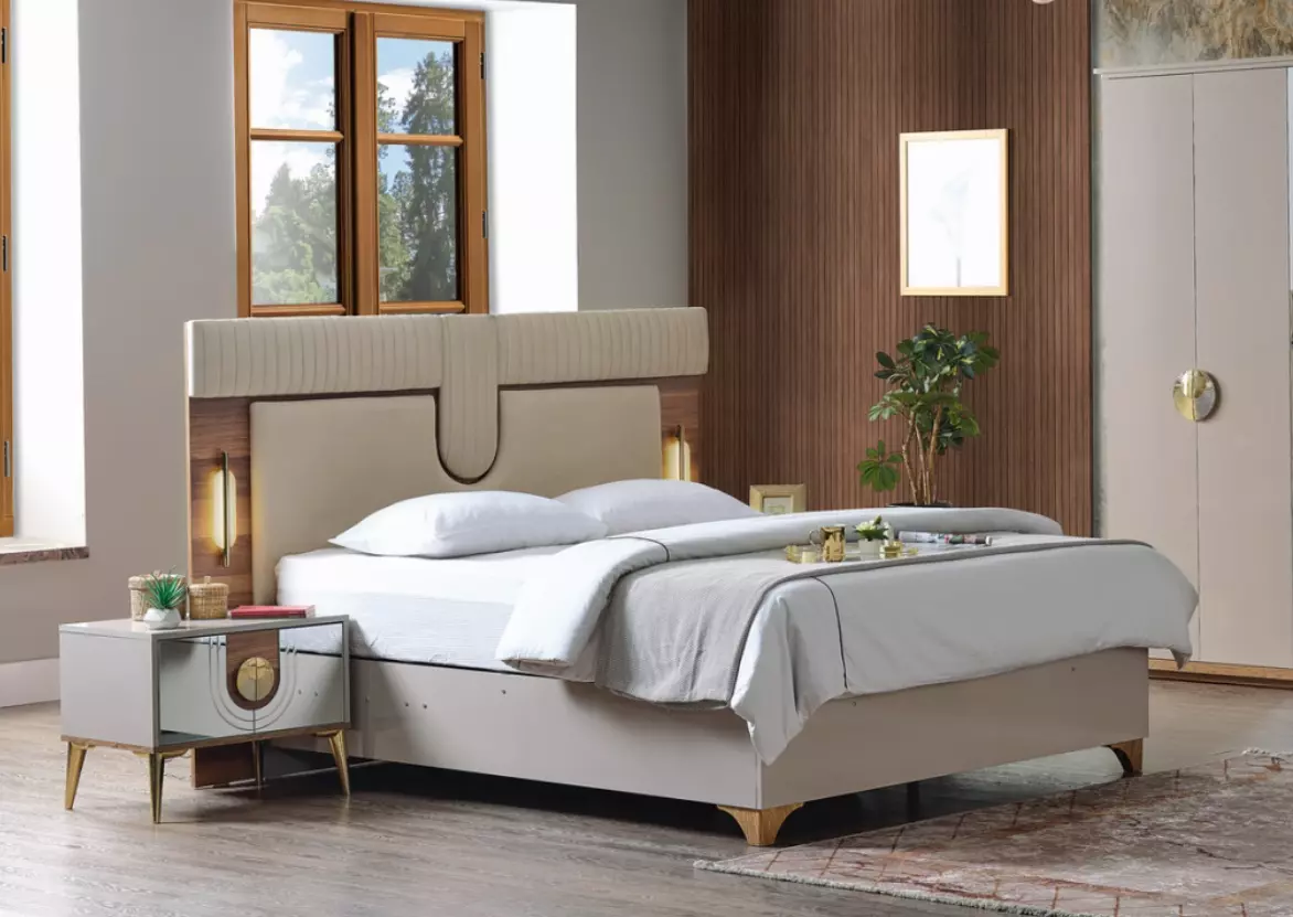 Luxus Modern Schlafzimmer Set Bett + 2x Nachttische Holz Komplettes