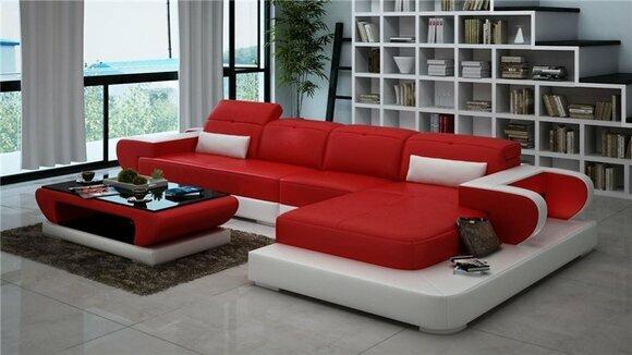 Ecksofa Sofagarnitur Leder Sofa Ecke Polster Hocker Set Rote Designer Couch Neu