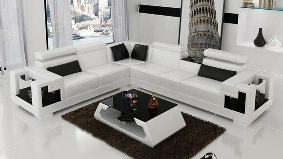 Ecksofa Leder + Couchtisch Eck Sofa Couch Polster Garnitur Wohnlandschaft Ecke