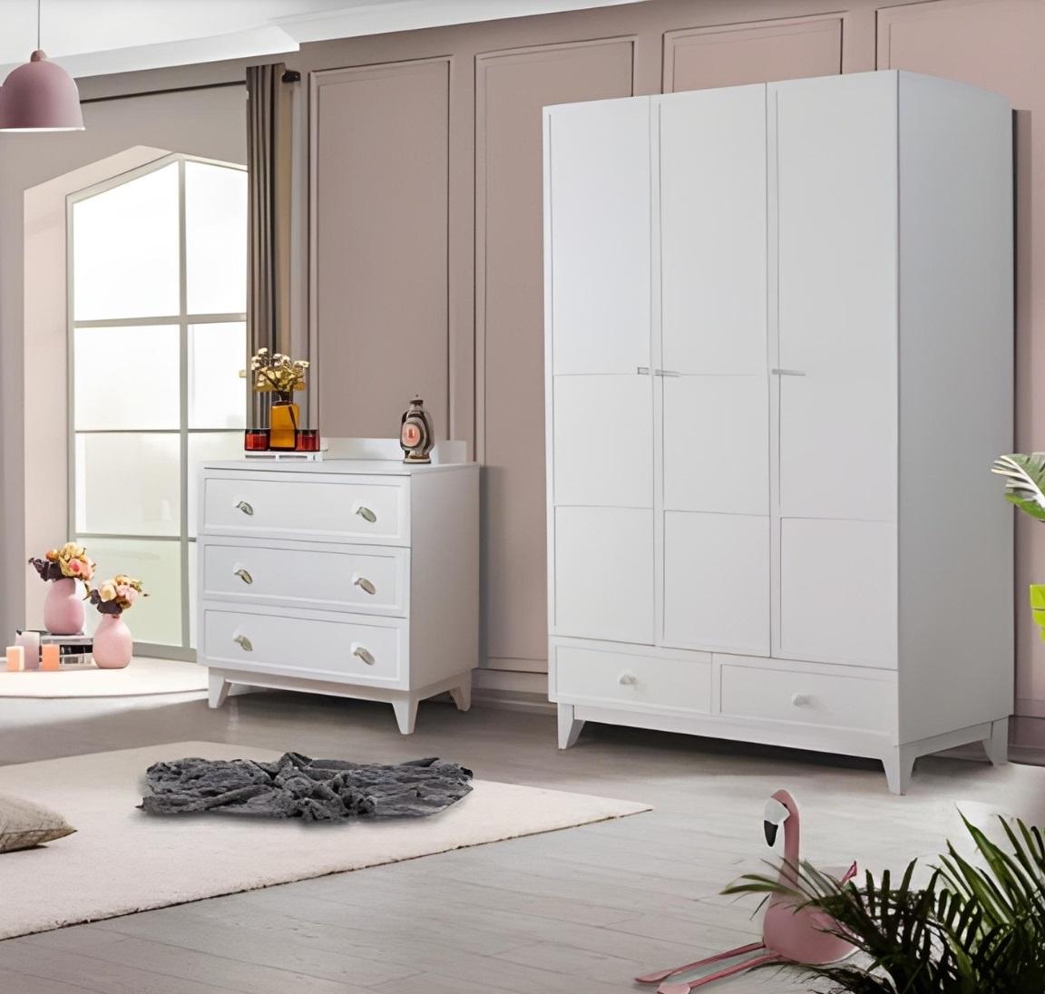 luxuriöse Kinderzimmer Weiß Modern Garnitur Kleiderschrank Kommode neu