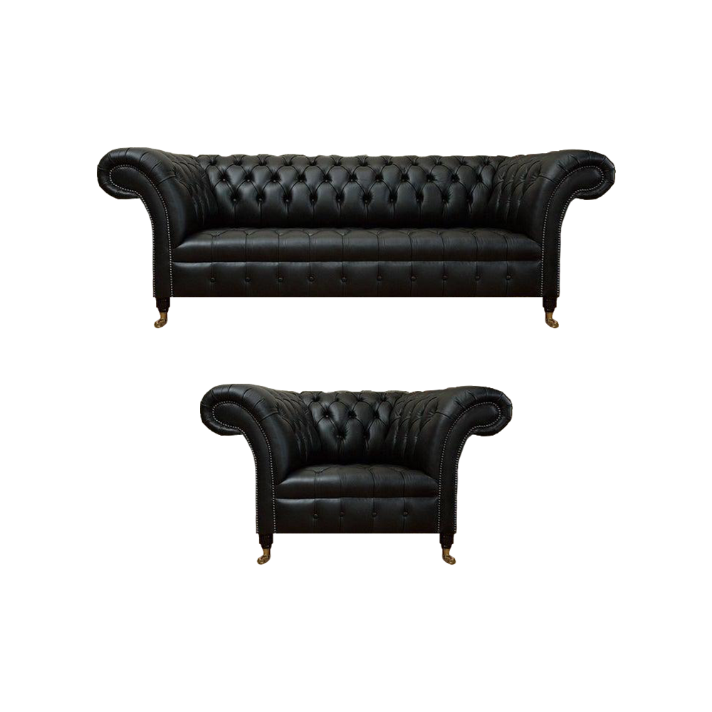 Luxus Schwarz Komplett Sofa Couch Dreisitze Leder Sofagarnitur Sessel