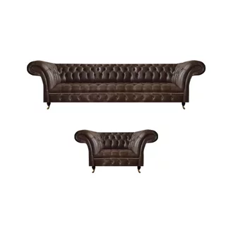 Braune Chesterfield Kunstleder Garnitur Wohnzimmer Dreisitzer 2-Sitzer