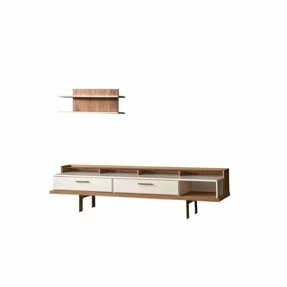 Braun-Weißes Wohnzimmer Set Luxuriöses Holz Sideboard Wandgeral 2tlg