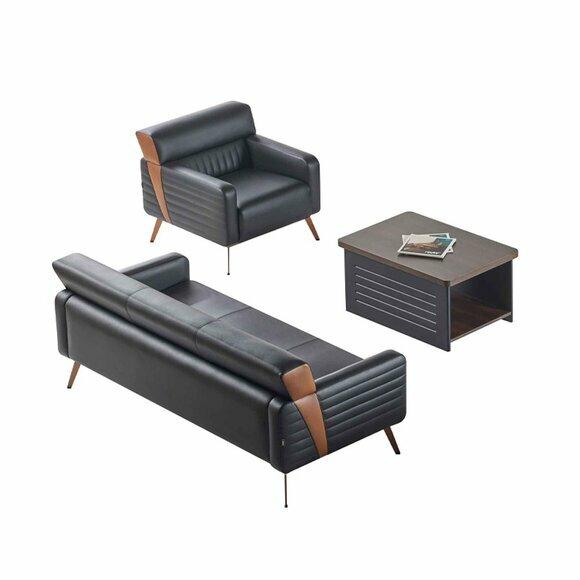 Sofa 2-Sitzer Sessel Couchtisch Arbeitszimmer Set 3tlg Schwarz Einfarbig