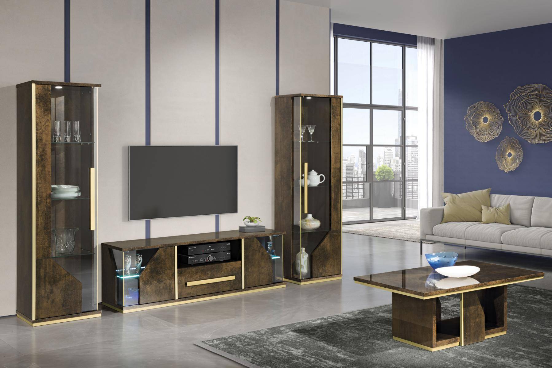 Set 3tlg Wohnzimmer rtv Vitrine tv Sideboard Schrank Tisch Wohnzimmer Holz Möbel