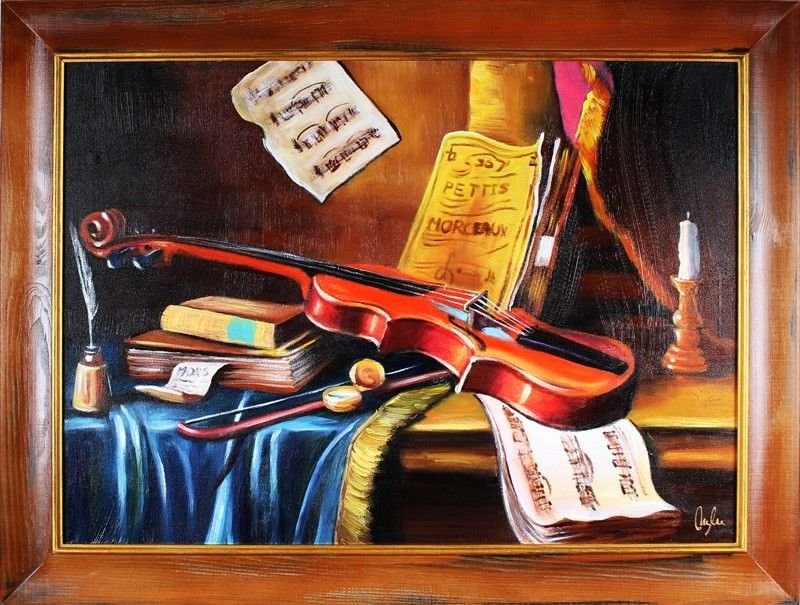 Gemälde Geige Violine Handarbeit Ölbild Bild Ölbilder Rahmen Bilder G16861
