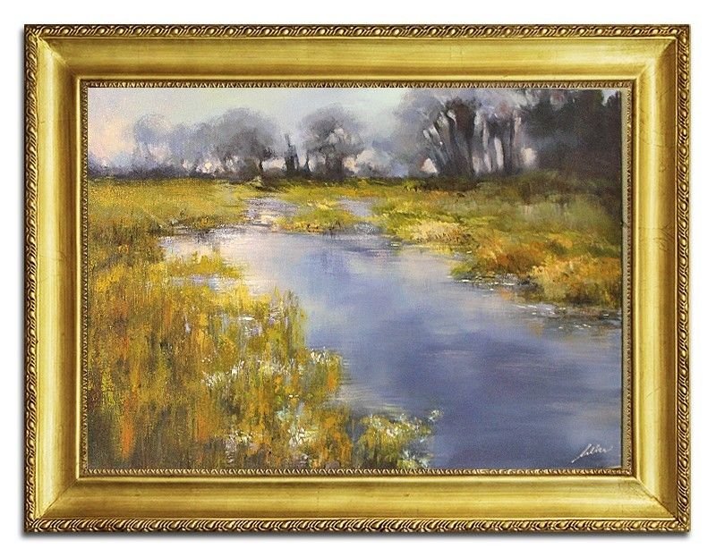 Elegantes Gemälde Echtes Ölbild Handarbeit Bild Bilder Fluss mit Rahmen