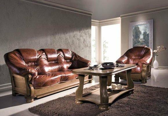 Klassische Sofagarnitur Couch Polster Sitz Garnitur Sofa Leder Holz 3+2+2 Set