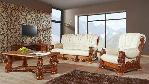 Klassische Sofagarnitur Couch Polster Sitz Garnitur Sofa Leder Holz 3+2+2 Set