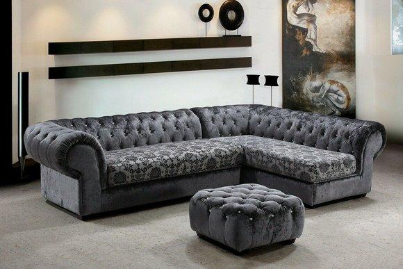 Klassische Chesterfield Stoff L-Form Couch Wohnlandschaft Ecksofa Garnitur