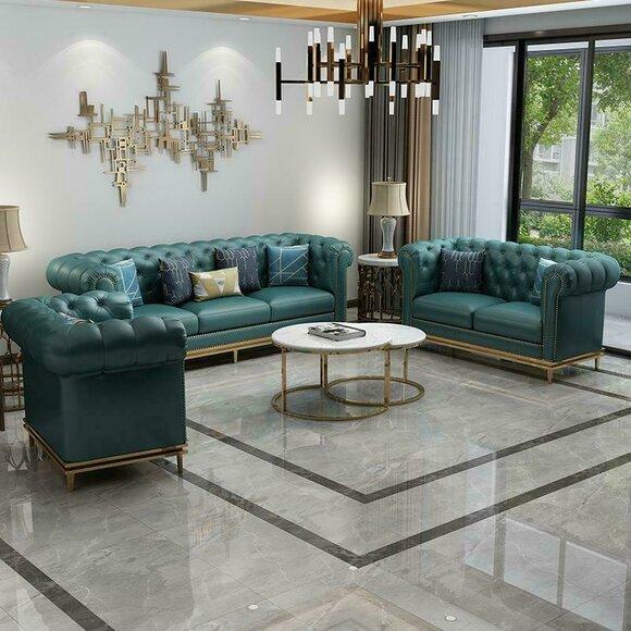 Chesterfield Sofagarnitur Couch Polster Sofa 6tlg. Wohnzimmer Set Tische