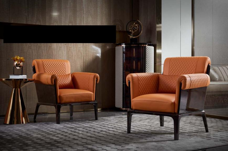 Sessel Orange Leder Stuhl Lehn Modern Design Möbel Luxus Wohnzimmer Holz Neu
