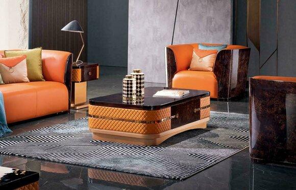 Couchtisch Tisch Leder Stein Sofa Beistell Luxus Tische Orange Wohnzimmer