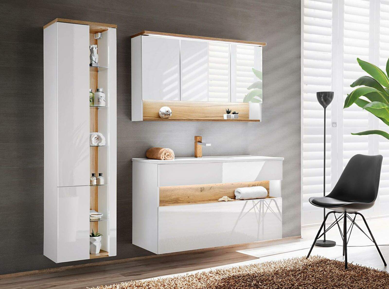 Design Badezimmer Möbel Bad 3 tlg. Set Garnitur Schrank Waschbecken Beleuchtung