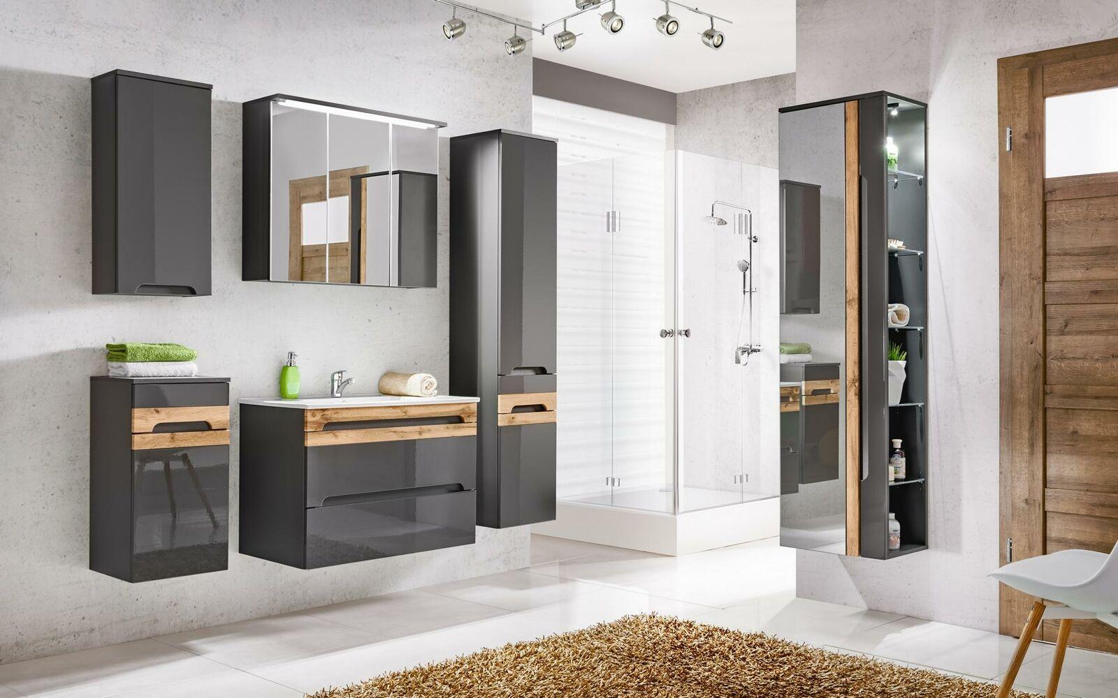 Design Badezimmer Möbel Bad 6 tlg. Set Garnitur Schrank Waschbecken Beleuchtung