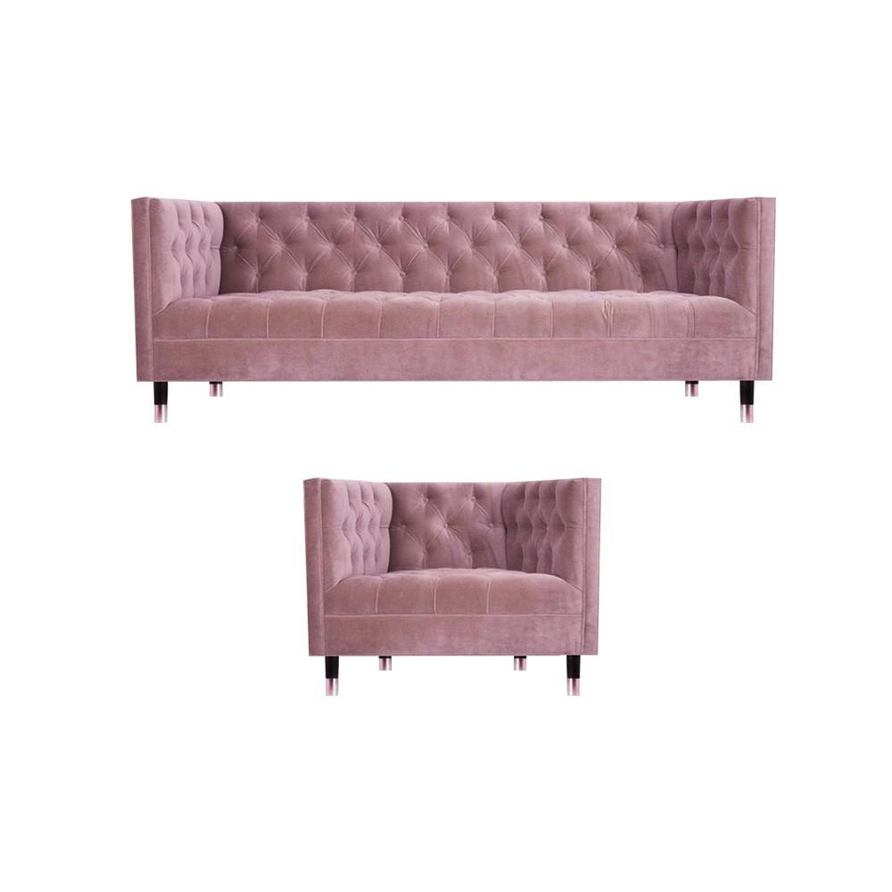 Rosa Komplett Sofa Dreisitze Couch Design Sessel Modern Möbel Chesterfield