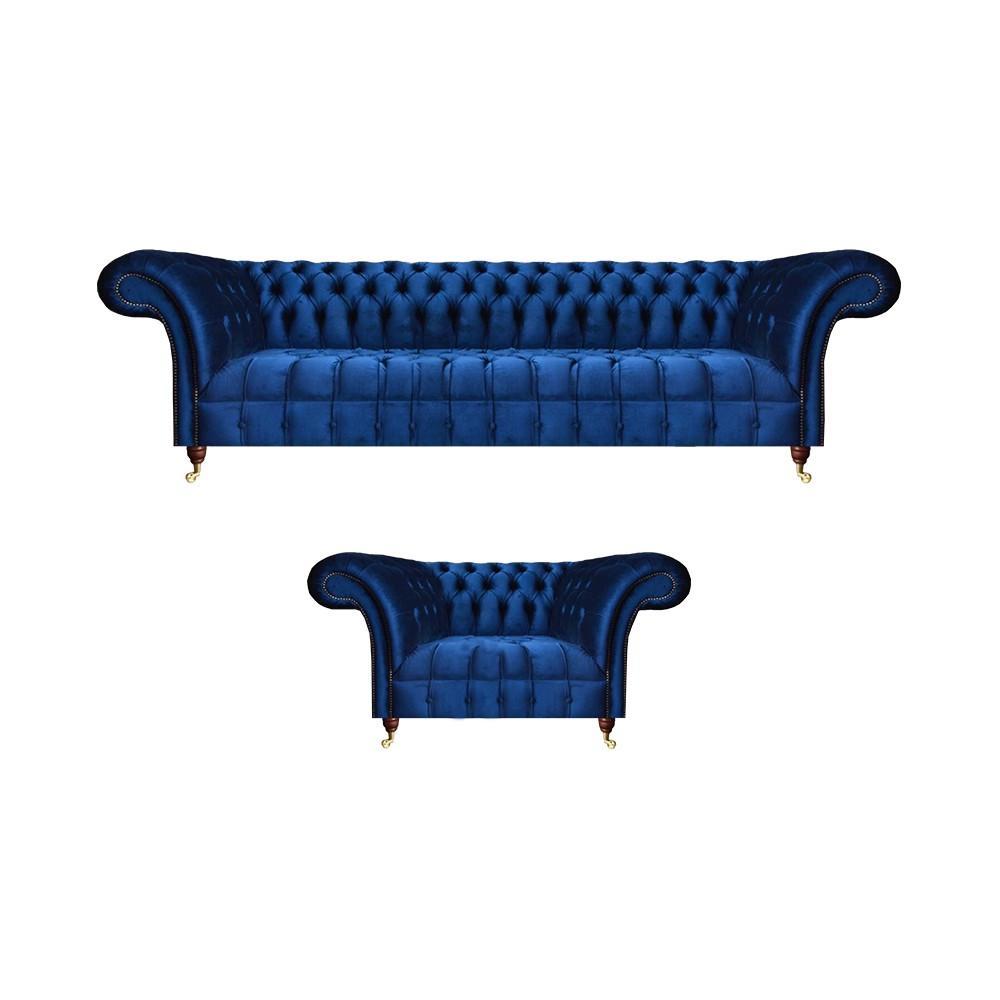 Wohnzimmer Sofagarnitur Textil Sessel Blau Sofa Dreisitze Couch Chesterfield