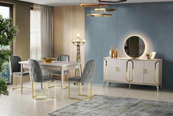 Esszimmer-Set 6tlg Esstisch Stühle Anrichte mit Spiegel Modern Grau Einfarbig